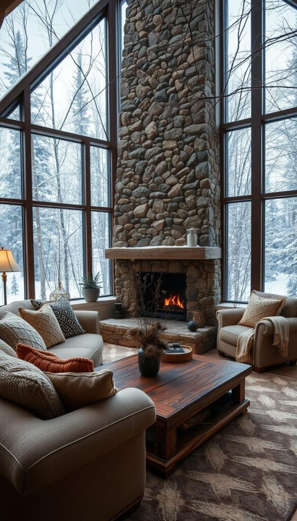 A cozy living room nestled in a snowy winter landscape, bathed in warm, soft lighting. In the foreground, a plush, neutral-toned sofa is adorned with knitted throws and decorative pillows in earthy tones. A large, rustic wooden coffee table is topped with a vase of dried flowers and pinecones, with a small potted evergreen plant nearby. The middle ground features a grand stone fireplace, its crackling flames casting a gentle glow. Surrounding the room, large windows offer panoramic views of the serene, snow-covered forest outside, with thin, delicate branches reaching in. The overall atmosphere is one of natural, inviting warmth and tranquility.