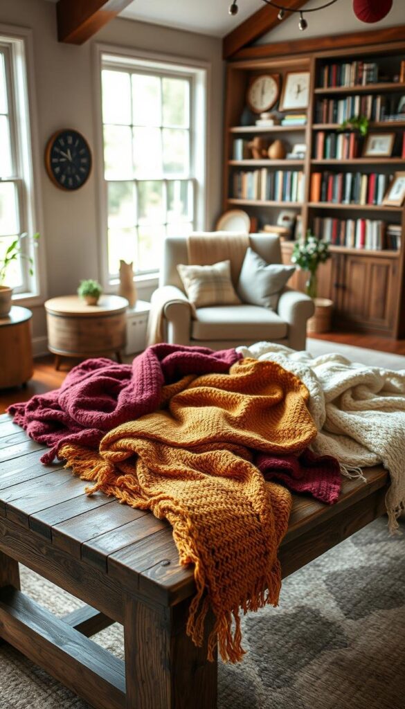 A cozy living room setting with a rustic wooden table in the foreground, showcasing an array of DIY throw blanket projects. Soft, handcrafted textiles in warm hues of burgundy, mustard, and cream spill across the tabletop, inviting viewers to imagine the tactile experience of creating these projects. The middle ground features a comfortable armchair and plush rug, while the background is filled with bookshelves and natural light filtering in through large windows, creating a soothing, homely atmosphere. The overall scene exudes a sense of craftsmanship, creativity, and the joy of making something with one's own hands.
