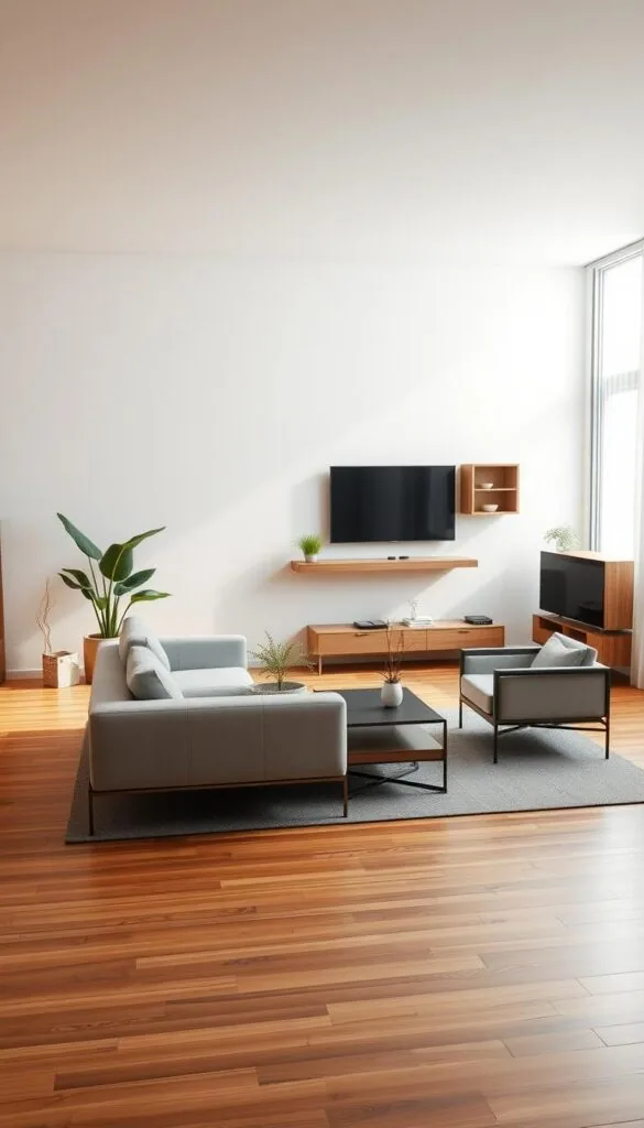 A cozy living room with a floating furniture arrangement, bathed in warm, diffused lighting from a large window. In the foreground, a sleek, minimalist sofa and armchair hover effortlessly above the wooden floorboards. Lush potted plants and a stylish coffee table create a balanced, center-focused layout. The middle ground features a floating media unit and shelving unit, their slim profiles adding a sense of lightness. The background showcases a neutral, textured wall, complementing the room's airy, uncluttered aesthetic. Soft shadows and gentle highlights enhance the floating illusion, creating an inviting, harmonious atmosphere.