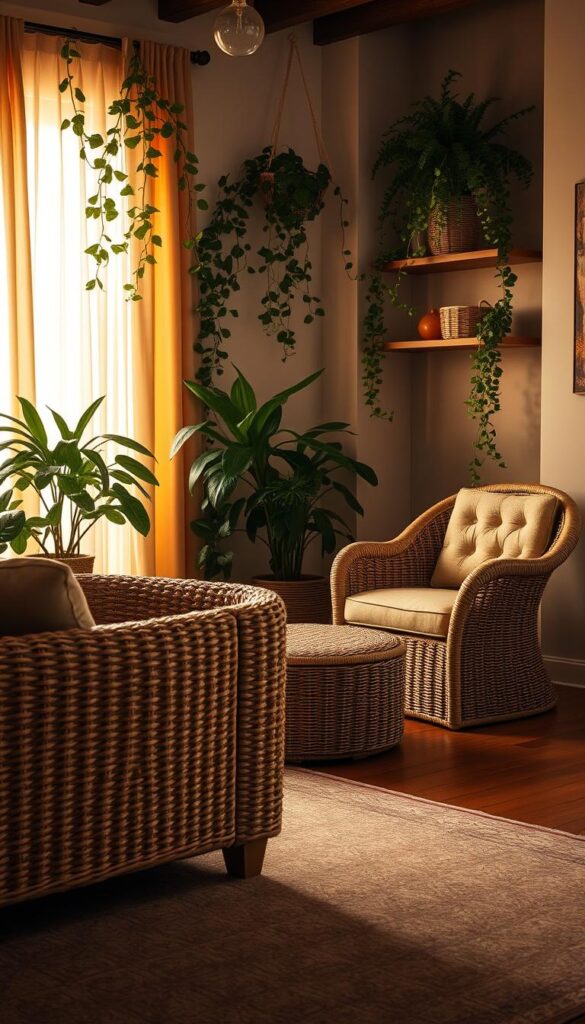 A cozy living room with a tactile, woven aesthetic. In the foreground, a plush, textured sofa with intricate basket-weave upholstery invites relaxation. Mid-ground, an armchair and ottoman feature natural rattan frames and soft, tufted cushions. Lush, trailing plants cascade from wall-mounted shelves, their lush greenery complementing the organic materials. Warm, diffused lighting filters through sheer curtains, casting a gentle glow and creating an intimate, welcoming atmosphere. Hardwood floors are anchored by a dense, patterned area rug, tying the space together. Subtle shadows and highlights accentuate the depth and richness of the woven textures throughout. A cozy living room with a tactile, woven aesthetic. In the foreground, a plush, textured sofa with intricate basket-weave upholstery invites relaxation. Mid-ground, an armchair and ottoman feature natural rattan frames and soft, tufted cushions. Lush, trailing plants cascade from wall-mounted shelves, their lush greenery complementing the organic materials. Warm, diffused lighting filters through sheer curtains, casting a gentle glow and creating an intimate, welcoming atmosphere. Hardwood floors are anchored by a dense, patterned area rug, tying the space together. Subtle shadows and highlights accentuate the depth and richness of the woven textures throughout.