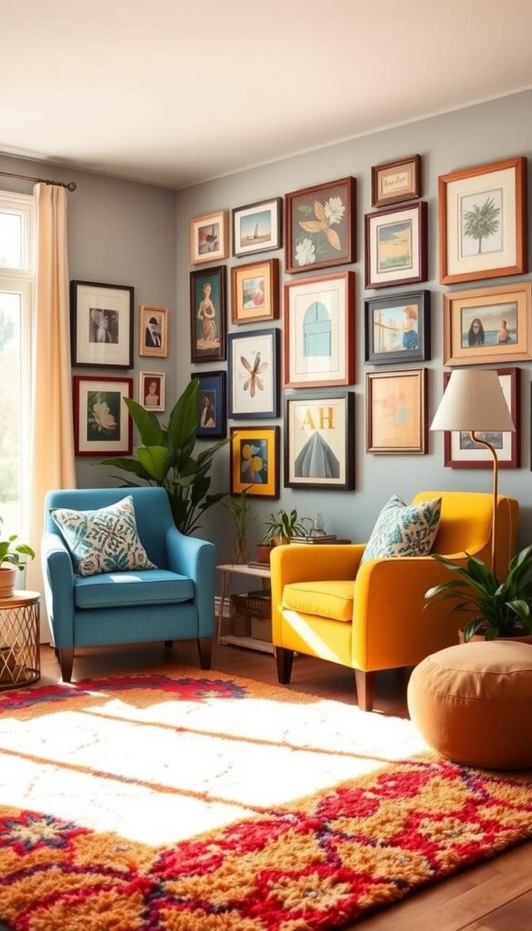 A cozy living room with a vibrant, yet budget-friendly color palette. The space is bathed in warm, natural lighting filtering through large windows, casting a soft, inviting glow. In the foreground, a plush, colorful area rug grounds the room, complemented by a pair of mismatched, but complementary armchairs in shades of blue and yellow. On the walls, an eclectic gallery of framed artwork in a mix of colors and frames adds visual interest. Strategically placed houseplants and decorative throw pillows in vibrant hues complete the welcoming, lively atmosphere. A cozy living room with a vibrant, yet budget-friendly color palette. The space is bathed in warm, natural lighting filtering through large windows, casting a soft, inviting glow. In the foreground, a plush, colorful area rug grounds the room, complemented by a pair of mismatched, but complementary armchairs in shades of blue and yellow. On the walls, an eclectic gallery of framed artwork in a mix of colors and frames adds visual interest. Strategically placed houseplants and decorative throw pillows in vibrant hues complete the welcoming, lively atmosphere.