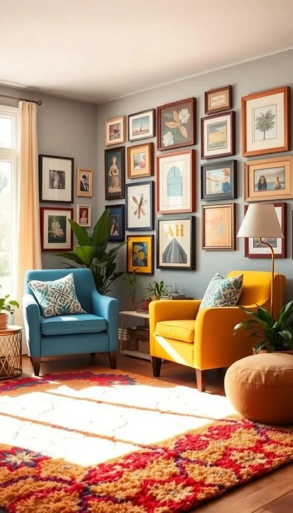 A cozy living room with a vibrant, yet budget-friendly color palette. The space is bathed in warm, natural lighting filtering through large windows, casting a soft, inviting glow. In the foreground, a plush, colorful area rug grounds the room, complemented by a pair of mismatched, but complementary armchairs in shades of blue and yellow. On the walls, an eclectic gallery of framed artwork in a mix of colors and frames adds visual interest. Strategically placed houseplants and decorative throw pillows in vibrant hues complete the welcoming, lively atmosphere.