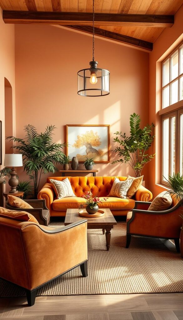 A cozy living room with a warm, inviting atmosphere. Soft, layered textures in shades of ochre, terracotta, and burnished gold create a sense of depth and visual interest. The plush, tufted sofa is flanked by two elegant armchairs, all positioned around a low, wooden coffee table. Overhead, a statement pendant light casts a gentle, ambient glow, while large windows allow natural light to filter in, casting a golden hue throughout the space. Decorative throw pillows, a woven area rug, and potted plants add additional layers of color and texture, culminating in a harmonious, enveloping scene. A cozy living room with a warm, inviting atmosphere. Soft, layered textures in shades of ochre, terracotta, and burnished gold create a sense of depth and visual interest. The plush, tufted sofa is flanked by two elegant armchairs, all positioned around a low, wooden coffee table. Overhead, a statement pendant light casts a gentle, ambient glow, while large windows allow natural light to filter in, casting a golden hue throughout the space. Decorative throw pillows, a woven area rug, and potted plants add additional layers of color and texture, culminating in a harmonious, enveloping scene.