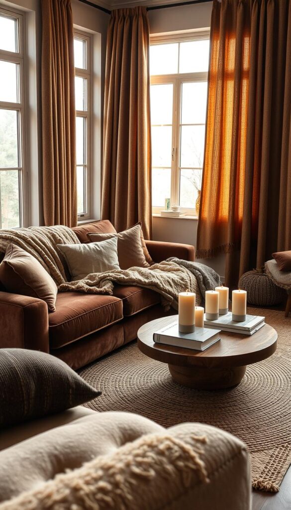 A cozy living room with layered textiles creating a welcoming, tactile atmosphere. In the foreground, a plush velvet sofa covered in soft blankets and throw pillows in earthy tones. On the middle ground, a woven area rug and a wooden coffee table topped with a stack of books and a tray of scented candles. In the background, floor-to-ceiling curtains in a lush, textured fabric frame large windows, allowing warm, diffused natural light to filter through. The overall mood is one of warmth, comfort, and relaxation, inviting the viewer to sink into the space and experience the layers of texture and color. A cozy living room with layered textiles creating a welcoming, tactile atmosphere. In the foreground, a plush velvet sofa covered in soft blankets and throw pillows in earthy tones. On the middle ground, a woven area rug and a wooden coffee table topped with a stack of books and a tray of scented candles. In the background, floor-to-ceiling curtains in a lush, textured fabric frame large windows, allowing warm, diffused natural light to filter through. The overall mood is one of warmth, comfort, and relaxation, inviting the viewer to sink into the space and experience the layers of texture and color.