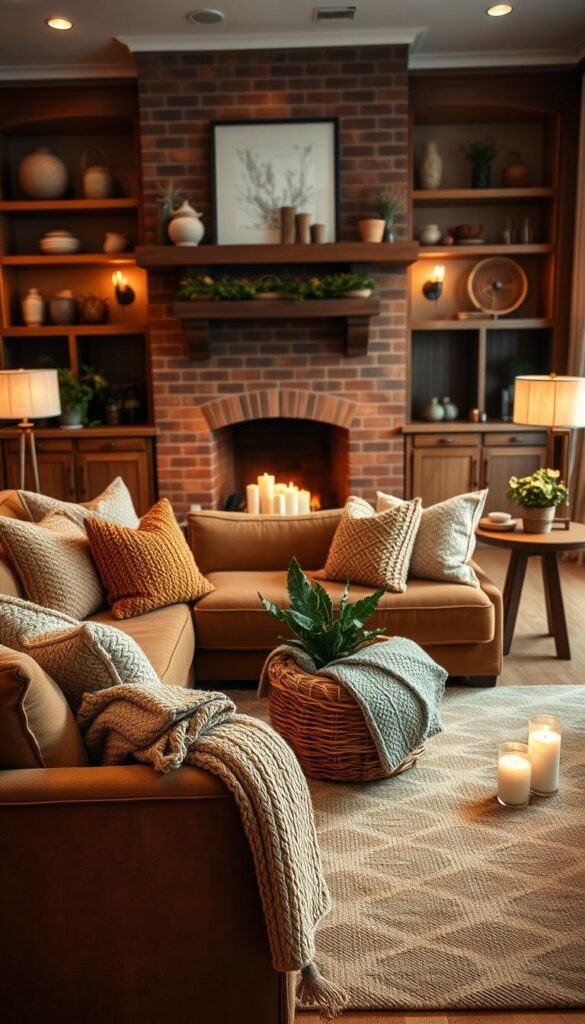 A cozy living room with plush fall-inspired textiles. In the foreground, a velvet sofa adorned with knitted throw pillows in warm, earthy hues. On the coffee table, a woven basket filled with textured blankets. In the middle ground, a large area rug with a subtle pattern underfoot, complementing the soft furnishings. Wooden side tables hold potted plants and flickering candles, casting a gentle glow. The backdrop features a brick fireplace surrounded by built-in shelves displaying decorative stoneware and woven baskets. Indirect lighting from floor lamps and wall sconces creates a inviting, intimate atmosphere, perfect for curling up and embracing the coziness of the season.