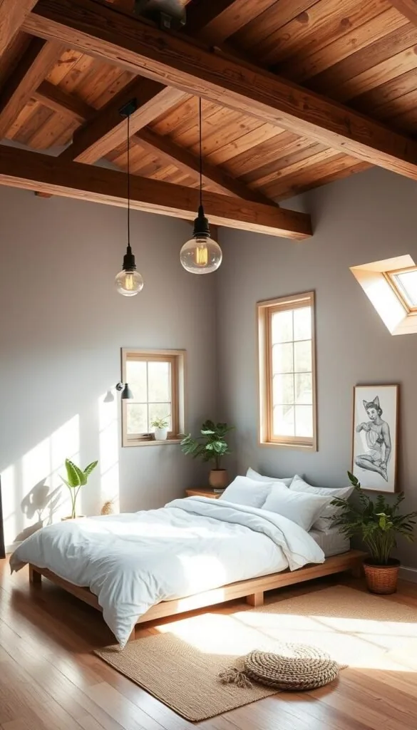 A cozy loft bedroom with sloped ceilings and exposed wooden beams. Natural light filters through large windows, casting a warm glow on the minimalist Scandinavian-inspired decor. A low platform bed is adorned with crisp white linens, complemented by a natural fiber rug and potted plants. Vintage-inspired pendant lights hang overhead, illuminating the space with a soft, ambient radiance. The walls are painted a serene shade of gray, providing a neutral backdrop for the rustic, yet refined, aesthetic. Wooden ceiling beams add architectural interest and a touch of industrial charm, seamlessly blending the old and new. An overall sense of tranquility and understated elegance pervades the space. A cozy loft bedroom with sloped ceilings and exposed wooden beams. Natural light filters through large windows, casting a warm glow on the minimalist Scandinavian-inspired decor. A low platform bed is adorned with crisp white linens, complemented by a natural fiber rug and potted plants. Vintage-inspired pendant lights hang overhead, illuminating the space with a soft, ambient radiance. The walls are painted a serene shade of gray, providing a neutral backdrop for the rustic, yet refined, aesthetic. Wooden ceiling beams add architectural interest and a touch of industrial charm, seamlessly blending the old and new. An overall sense of tranquility and understated elegance pervades the space.