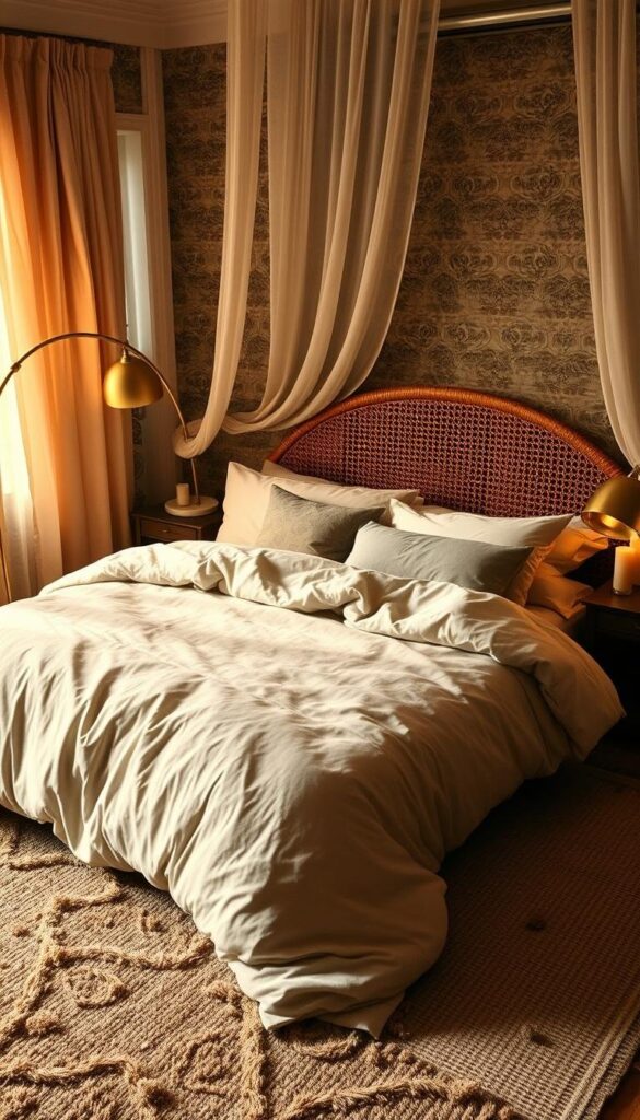A cozy, luxurious bedroom bathed in warm, gentle lighting. The focal point is a plush, oversized bed draped in soft, textured fabrics - velvet blankets, linen sheets, and a fluffy, down-filled comforter. Surrounding the bed, a variety of complementary textures create a layered, inviting atmosphere: nubby, handwoven rugs, sheer, billowing curtains, and a woven, rattan headboard. The walls are adorned with intricate, patterned wallpaper in earthy, muted tones. Subtle, ambient lighting emanates from a brass, mid-century modern floor lamp and a cluster of taper candles on the nightstands. An air of comfort and tranquility pervades the scene, making it the perfect cozy retreat. A cozy, luxurious bedroom bathed in warm, gentle lighting. The focal point is a plush, oversized bed draped in soft, textured fabrics - velvet blankets, linen sheets, and a fluffy, down-filled comforter. Surrounding the bed, a variety of complementary textures create a layered, inviting atmosphere: nubby, handwoven rugs, sheer, billowing curtains, and a woven, rattan headboard. The walls are adorned with intricate, patterned wallpaper in earthy, muted tones. Subtle, ambient lighting emanates from a brass, mid-century modern floor lamp and a cluster of taper candles on the nightstands. An air of comfort and tranquility pervades the scene, making it the perfect cozy retreat.