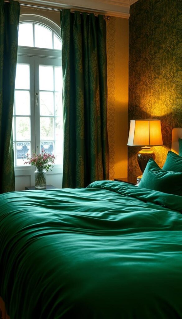 A cozy, luxurious green bedroom with a focus on rich textiles. In the foreground, a plush, velvet emerald duvet covers a king-sized bed, complemented by matching throw pillows. In the middle ground, a pair of ornate, brocade curtains in a deep forest green frame the window, letting in soft, ambient lighting. On the nightstands, lush, linen-wrapped lampshades emit a warm, inviting glow. The background features a textured, moss-colored wall, creating a serene, nature-inspired atmosphere. The overall mood is one of tranquility, comfort, and elegance.