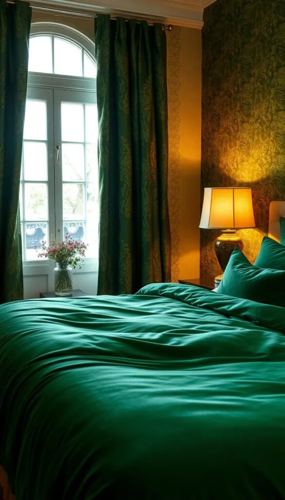 A cozy, luxurious green bedroom with a focus on rich textiles. In the foreground, a plush, velvet emerald duvet covers a king-sized bed, complemented by matching throw pillows. In the middle ground, a pair of ornate, brocade curtains in a deep forest green frame the window, letting in soft, ambient lighting. On the nightstands, lush, linen-wrapped lampshades emit a warm, inviting glow. The background features a textured, moss-colored wall, creating a serene, nature-inspired atmosphere. The overall mood is one of tranquility, comfort, and elegance.