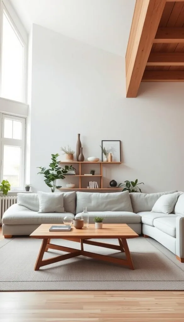 A cozy, minimalist Scandinavian living room with clean lines, natural textures, and a muted color palette. In the foreground, a low-profile, L-shaped sofa upholstered in a light gray fabric. Atop a neutral-toned area rug, a wooden coffee table with simple geometric legs. In the middle ground, a wall-mounted shelving unit displaying decorative objects, plants, and books. Large windows flood the space with soft, diffused natural light, casting a warm glow. The background features pale-colored walls, complemented by wooden ceiling beams and panels. An overall sense of serenity and hygge permeates the scene. A cozy, minimalist Scandinavian living room with clean lines, natural textures, and a muted color palette. In the foreground, a low-profile, L-shaped sofa upholstered in a light gray fabric. Atop a neutral-toned area rug, a wooden coffee table with simple geometric legs. In the middle ground, a wall-mounted shelving unit displaying decorative objects, plants, and books. Large windows flood the space with soft, diffused natural light, casting a warm glow. The background features pale-colored walls, complemented by wooden ceiling beams and panels. An overall sense of serenity and hygge permeates the scene.