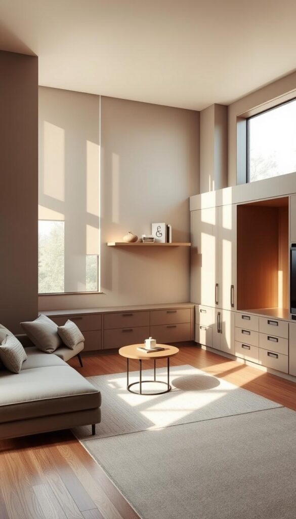 A cozy, minimalist living room in muted tones with smart storage solutions. The room is bathed in warm, natural light from large windows, casting soft shadows across the clean-lined furniture. A floating shelf displays decorative accents, complemented by a low, streamlined sofa and a small, round coffee table. Subtle built-in cabinets and drawers blend seamlessly into the walls, providing ample hidden storage. The overall atmosphere is one of calm, uncluttered elegance, showcasing how thoughtful design can maximize function in a small space.