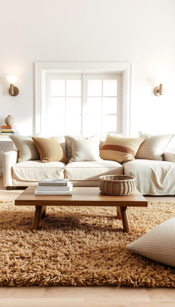 A cozy, minimalist living room with layers of natural fiber textiles. In the foreground, a plush, earth-toned area rug anchors the space. Atop it, a low-profile, natural wood coffee table is topped with a woven basket and a few stacked books. In the middle ground, a sectional sofa is adorned with an array of tactile throw pillows in neutral hues and natural textures, such as linen, jute, and wool. Casting a warm, diffused glow, a pair of sleek, minimalist wall sconces flank a large window, which allows ample natural light to filter in. In the background, a bare, whitewashed wall creates a serene, uncluttered backdrop, emphasizing the beauty of the layered, natural fiber elements.