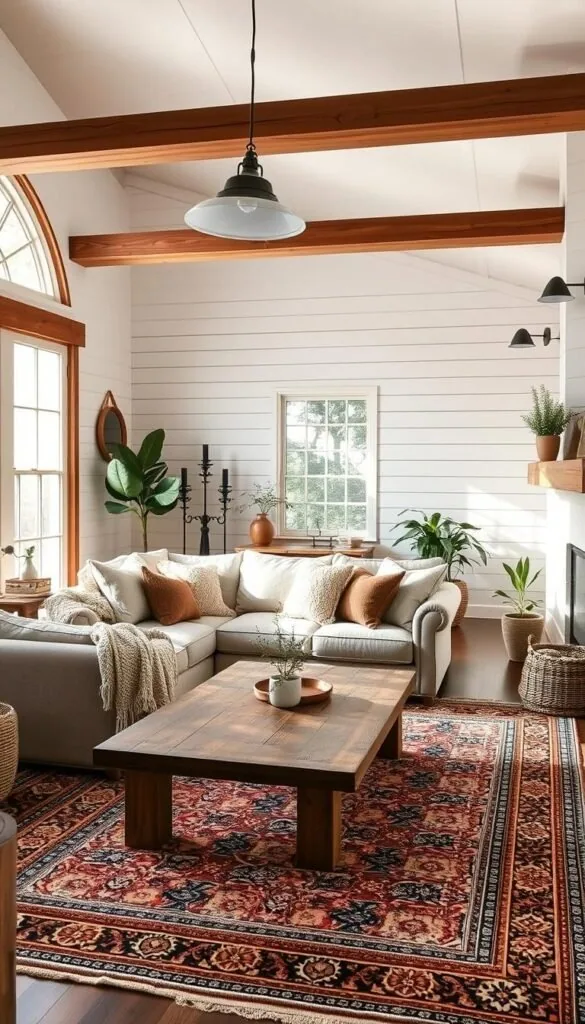 A cozy modern cottage living room, bathed in warm natural light filtering through large windows. The centerpiece is a plush, overstuffed sofa with a tactile boucle texture, complemented by a chunky knit throw and an assortment of velvet and linen accent pillows. A rustic wood coffee table sits atop a vintage Persian rug, its intricate patterns adding depth and visual interest. Exposed wooden beams and whitewashed shiplap walls create a farmhouse-inspired backdrop, while sleek metal light fixtures and a minimalist fireplace mantel provide a contemporary contrast. Potted plants and natural woven baskets add organic elements, blending the modern and the rustic for a harmonious, inviting atmosphere.