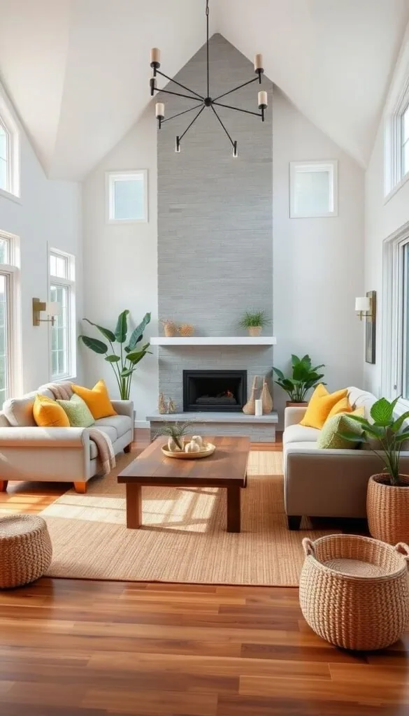 A cozy modern cottage living room with a warm, inviting color palette. Soft white walls, large windows letting in natural light, and rich wooden floors create a serene, airy atmosphere. A plush, neutral-toned sofa and armchair are complemented by a mix of textured throw pillows in earthy tones of green, mustard, and rust. A rustic wooden coffee table sits atop a natural-fiber area rug, while a minimalist fireplace in grey stone provides a focal point. Lush potted plants and natural textures like woven baskets add a touch of nature. Subtle ambient lighting from sconces and a modern chandelier sets the mood for relaxation.