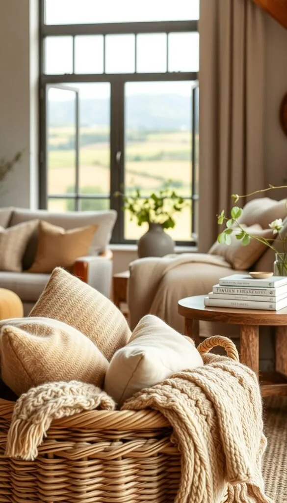 A cozy modern cottage living room with warm neutral tones and natural textures. In the foreground, a woven basket overflowing with plush throw pillows in earthy hues and a hand-knit blanket draped over a plush armchair. In the middle ground, a wooden side table with a ceramic vase holding lush greenery and a stack of artisanal books. The background features a large window framing a picturesque countryside view, illuminated by soft, diffused natural lighting. The overall atmosphere is one of rustic elegance and comfortable sophistication.