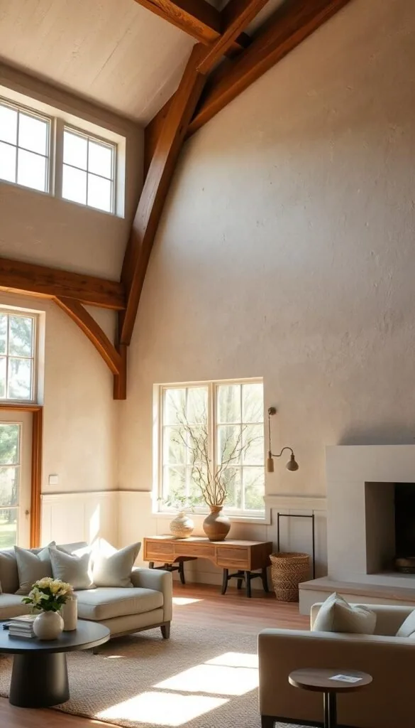 A cozy modern cottage wall with a textured plaster finish in a soft, neutral color palette. The light from large windows creates a warm, inviting glow, highlighting the natural variations and imperfections in the handcrafted surface. Architectural details like exposed beams and whitewashed wood paneling add rustic charm, blending seamlessly with contemporary furnishings. The overall atmosphere is one of relaxed sophistication, perfect for a modern cottage living room.