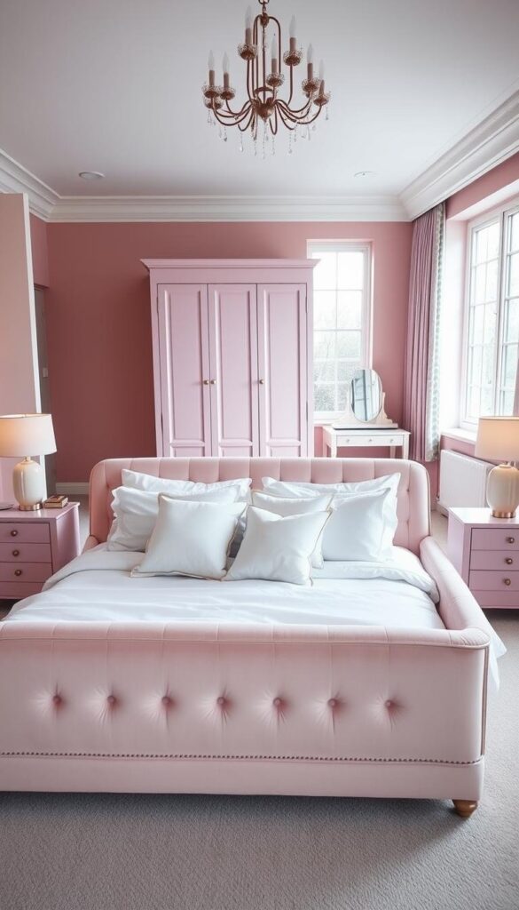 A cozy, modern dusky pink bedroom with a stylish furniture arrangement. In the foreground, a plush, upholstered bed frame in a soft, pastel pink hue, dressed with crisp white bedding and an array of fluffy pillows. Flanking the bed, matching bedside tables with minimalist lamps casting a warm glow. In the middle ground, a tall, slender wardrobe in a complementary pale pink tone, paired with a delicate vanity table and chair. The background features large windows, allowing natural light to stream in and illuminate the space. The overall mood is one of tranquility and sophistication, creating a serene and inviting sanctuary.