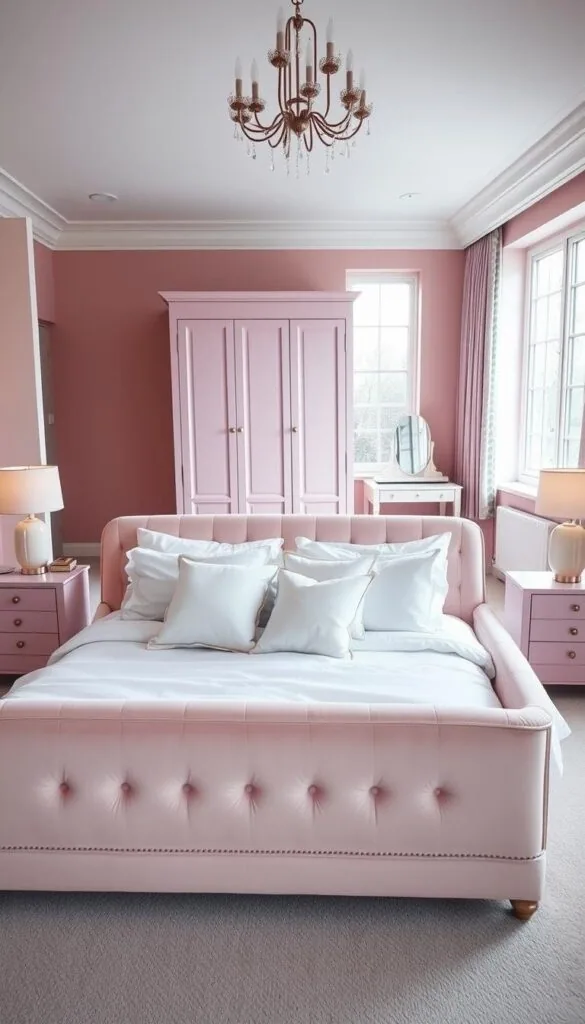 A cozy, modern dusky pink bedroom with a stylish furniture arrangement. In the foreground, a plush, upholstered bed frame in a soft, pastel pink hue, dressed with crisp white bedding and an array of fluffy pillows. Flanking the bed, matching bedside tables with minimalist lamps casting a warm glow. In the middle ground, a tall, slender wardrobe in a complementary pale pink tone, paired with a delicate vanity table and chair. The background features large windows, allowing natural light to stream in and illuminate the space. The overall mood is one of tranquility and sophistication, creating a serene and inviting sanctuary. A cozy, modern dusky pink bedroom with a stylish furniture arrangement. In the foreground, a plush, upholstered bed frame in a soft, pastel pink hue, dressed with crisp white bedding and an array of fluffy pillows. Flanking the bed, matching bedside tables with minimalist lamps casting a warm glow. In the middle ground, a tall, slender wardrobe in a complementary pale pink tone, paired with a delicate vanity table and chair. The background features large windows, allowing natural light to stream in and illuminate the space. The overall mood is one of tranquility and sophistication, creating a serene and inviting sanctuary.