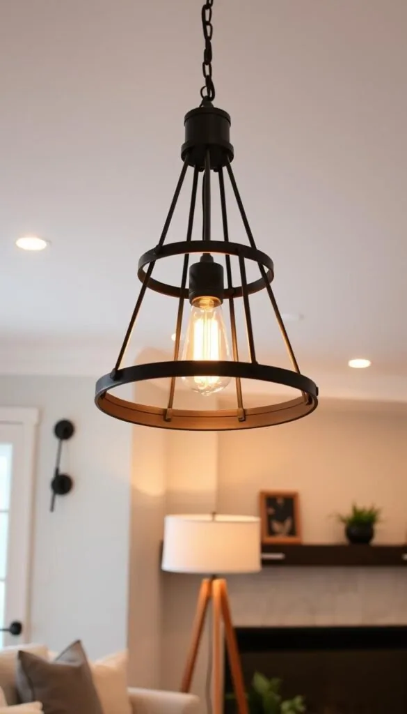 A cozy modern farmhouse living room showcasing a stunning array of lighting fixtures. In the foreground, a large pendant light with a rustic metal frame and warm Edison bulbs casts a soft glow. Flanking it, two chic wall sconces with clean lines and matte black finishes. In the middle ground, a sleek floor lamp with a minimalist tripod base and a linen shade. The background features a recessed ceiling lighting system, casting a gentle ambiance throughout the space. The overall lighting design creates a harmonious blend of rustic and contemporary elements, perfectly complementing the modern farmhouse aesthetic.