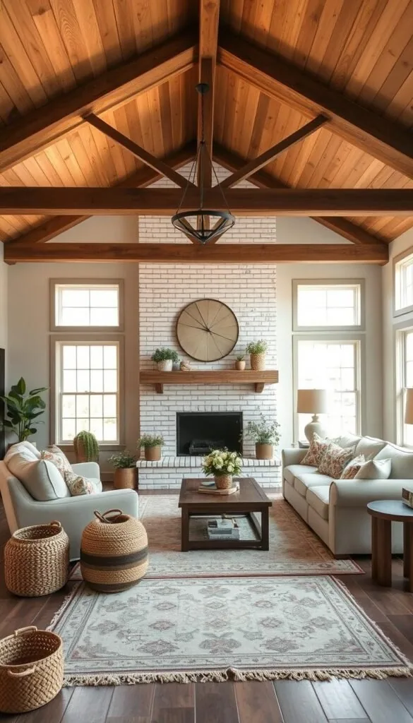 A cozy modern farmhouse living room with rustic wood beams and a whitewashed brick fireplace as the focal point. Soft, neutral-toned furnishings like a plush sectional sofa and linen armchairs create a welcoming ambiance. Warm, natural lighting floods the space through large windows, casting a golden glow. Decorative accents like woven baskets, potted plants, and a vintage-inspired rug add layers of texture and character. The overall aesthetic is a harmonious blend of rural charm and contemporary sophistication.