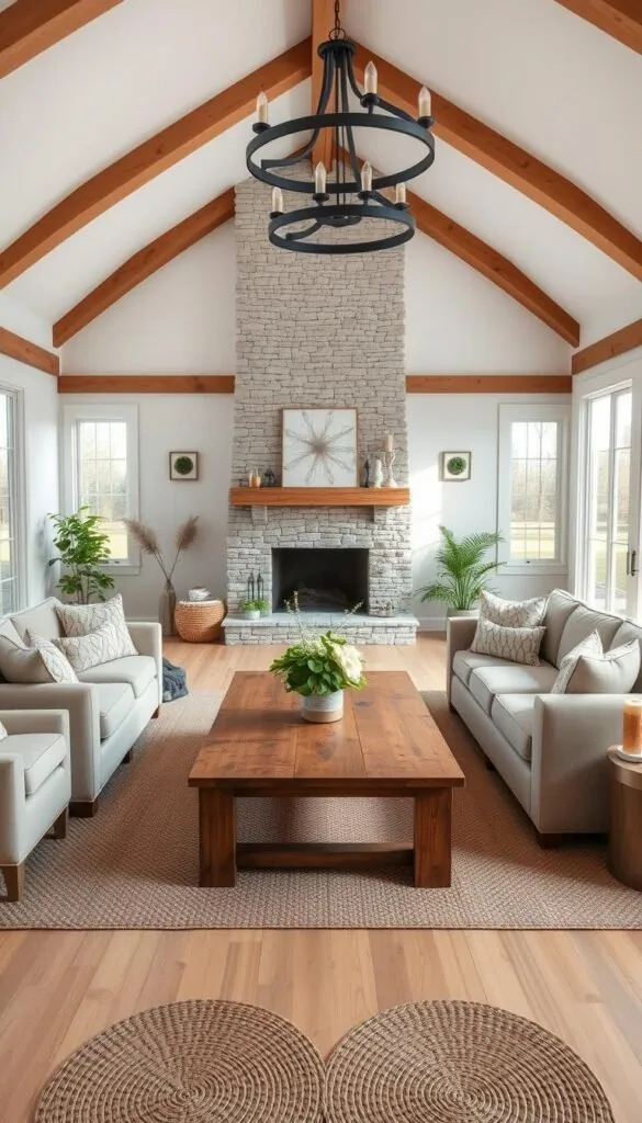 A cozy modern farmhouse living room with soft white walls, warm wood accents, and natural light flooding through large windows. A plush beige sectional sofa sits prominently, adorned with textured throw pillows. A rustic wooden coffee table takes center stage, surrounded by matching armchairs. In the background, a stone fireplace with a simple mantel decor creates a focal point. The space is illuminated by a wrought-iron chandelier, casting a gentle glow. Woven area rugs and potted plants add to the inviting, earthy ambiance. This serene, harmonious scene exudes the perfect balance of traditional and contemporary farmhouse style.