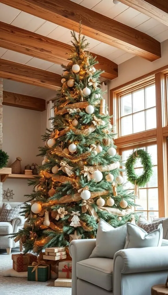 A cozy modern farmhouse-style Christmas tree stands tall in a warm, inviting living room. The tree is adorned with twinkling string lights, rustic wooden ornaments, and lush garlands of pine. Soft, muted colors like creams, grays, and greens create a harmonious palette, complementing the exposed wooden beams and plush textures of the room. Diffused natural light streams in through large windows, casting a gentle glow on the scene. The overall atmosphere is one of rustic elegance and holiday cheer, perfectly capturing the essence of a modern farmhouse Christmas. A cozy modern farmhouse-style Christmas tree stands tall in a warm, inviting living room. The tree is adorned with twinkling string lights, rustic wooden ornaments, and lush garlands of pine. Soft, muted colors like creams, grays, and greens create a harmonious palette, complementing the exposed wooden beams and plush textures of the room. Diffused natural light streams in through large windows, casting a gentle glow on the scene. The overall atmosphere is one of rustic elegance and holiday cheer, perfectly capturing the essence of a modern farmhouse Christmas.