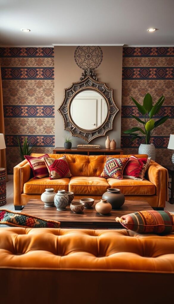 A cozy modern living room filled with warm, earthy tones and intricate ethnic patterns. In the foreground, a plush, tufted sofa adorned with colorful woven throw pillows. In the middle ground, a low wooden coffee table topped with handcrafted pottery and decorative items. The background features a feature wall with a geometric, tribal-inspired wallpaper design, complemented by a large, ornate mirror and a couple of potted plants. Soft, diffused lighting illuminates the space, creating a serene and inviting atmosphere. The overall composition blends traditional ethnic elements with a sleek, contemporary aesthetic.