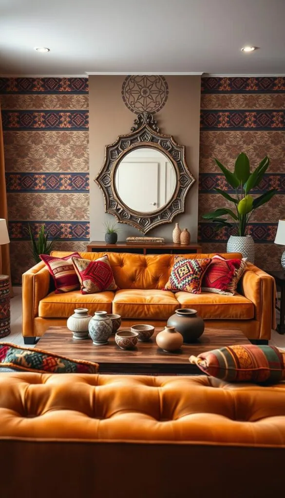 A cozy modern living room filled with warm, earthy tones and intricate ethnic patterns. In the foreground, a plush, tufted sofa adorned with colorful woven throw pillows. In the middle ground, a low wooden coffee table topped with handcrafted pottery and decorative items. The background features a feature wall with a geometric, tribal-inspired wallpaper design, complemented by a large, ornate mirror and a couple of potted plants. Soft, diffused lighting illuminates the space, creating a serene and inviting atmosphere. The overall composition blends traditional ethnic elements with a sleek, contemporary aesthetic. A cozy modern living room filled with warm, earthy tones and intricate ethnic patterns. In the foreground, a plush, tufted sofa adorned with colorful woven throw pillows. In the middle ground, a low wooden coffee table topped with handcrafted pottery and decorative items. The background features a feature wall with a geometric, tribal-inspired wallpaper design, complemented by a large, ornate mirror and a couple of potted plants. Soft, diffused lighting illuminates the space, creating a serene and inviting atmosphere. The overall composition blends traditional ethnic elements with a sleek, contemporary aesthetic.