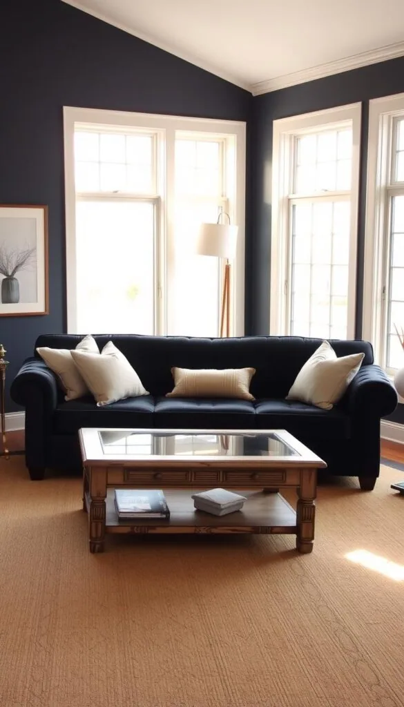 A cozy navy blue living room with neutral accents, bathed in warm, diffused lighting. The room features a plush, tufted navy sofa accented with cream and gray throw pillows. Situated in front of it, a distressed wood coffee table with a glass top. On the walls, framed neutral-toned abstract art pieces. In the corner, a tall, minimalist floor lamp casts a soft glow across the space. The room is anchored by a large, neutral-colored area rug. Abundant natural light filters in through large windows, creating a tranquil, inviting atmosphere. A cozy navy blue living room with neutral accents, bathed in warm, diffused lighting. The room features a plush, tufted navy sofa accented with cream and gray throw pillows. Situated in front of it, a distressed wood coffee table with a glass top. On the walls, framed neutral-toned abstract art pieces. In the corner, a tall, minimalist floor lamp casts a soft glow across the space. The room is anchored by a large, neutral-colored area rug. Abundant natural light filters in through large windows, creating a tranquil, inviting atmosphere.
