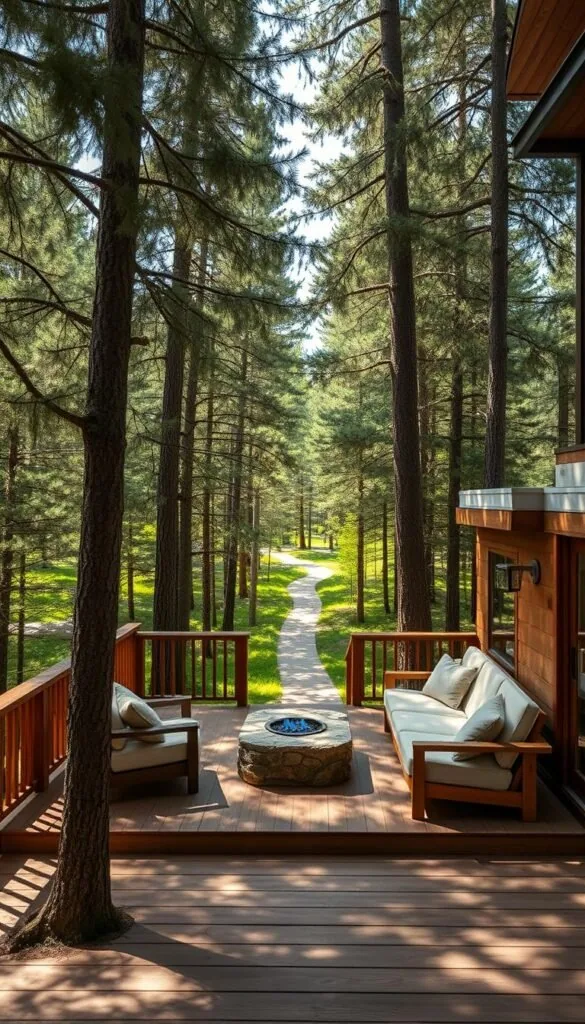 A cozy outdoor living deck nestled within a lush, verdant forest. The deck is constructed of warm, weathered wood, seamlessly blending with its natural surroundings. Plush seating invites relaxation, while a stone fireplace casts a soft, ambient glow. Towering pine trees frame the scene, their branches swaying gently in the breeze. Dappled sunlight filters through the foliage, creating a serene and inviting atmosphere. The deck opens up to a winding path leading deeper into the forest, hinting at the vast, untamed wilderness beyond. This idyllic setting perfectly encapsulates the essence of Scandinavian cabin living - a harmonious fusion of modern design and unspoiled nature.