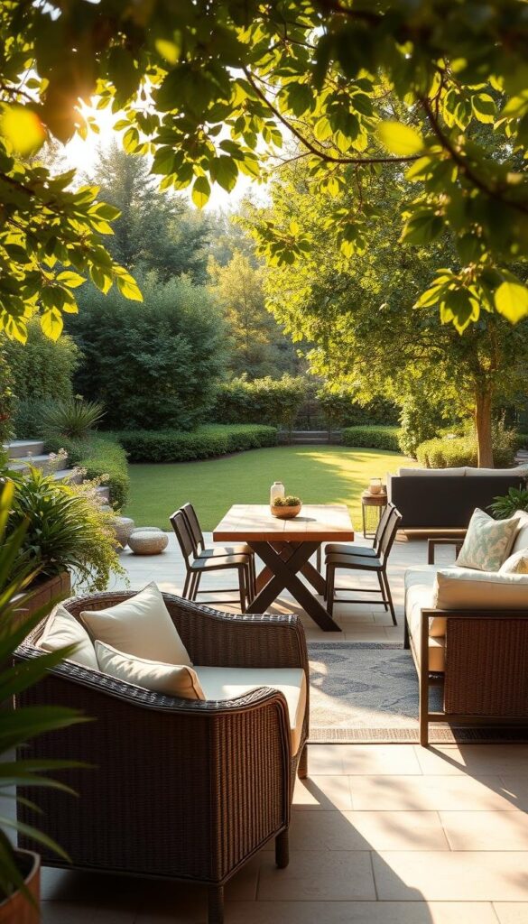 A cozy outdoor patio surrounded by lush greenery, with a carefully curated selection of high-quality patio furniture. In the foreground, a wicker loveseat and matching armchairs with plush cushions invite relaxation. In the middle ground, a rustic wooden dining table with sleek metal chairs stands ready for alfresco meals. In the background, a modern sectional sofa with weatherproof upholstery overlooks a well-manicured lawn. Warm sunlight filters through the leaves, casting a soft, inviting glow across the scene. The overall atmosphere is one of tranquility and sophistication, perfect for enjoying the summer outdoors. A cozy outdoor patio surrounded by lush greenery, with a carefully curated selection of high-quality patio furniture. In the foreground, a wicker loveseat and matching armchairs with plush cushions invite relaxation. In the middle ground, a rustic wooden dining table with sleek metal chairs stands ready for alfresco meals. In the background, a modern sectional sofa with weatherproof upholstery overlooks a well-manicured lawn. Warm sunlight filters through the leaves, casting a soft, inviting glow across the scene. The overall atmosphere is one of tranquility and sophistication, perfect for enjoying the summer outdoors.