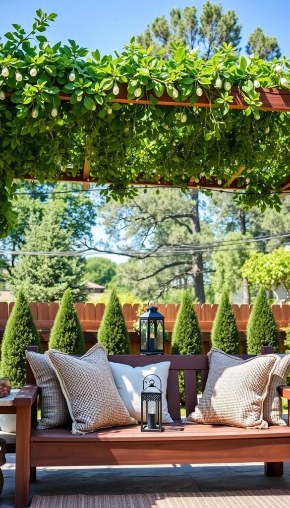 A cozy outdoor retreat with a rustic DIY aesthetic. In the foreground, a wooden bench adorned with plush cushions and woven throw pillows. Overhead, a pergola draped in lush greenery and twinkling string lights casts a warm, inviting glow. In the middle ground, a small side table displays an arrangement of potted succulents and a lantern. The background features a backdrop of verdant trees and a clear blue sky, creating a serene, backyard oasis. Hints of natural textures, earthy tones, and summertime whimsy come together to craft a relaxing, DIY-inspired outdoor space. A cozy outdoor retreat with a rustic DIY aesthetic. In the foreground, a wooden bench adorned with plush cushions and woven throw pillows. Overhead, a pergola draped in lush greenery and twinkling string lights casts a warm, inviting glow. In the middle ground, a small side table displays an arrangement of potted succulents and a lantern. The background features a backdrop of verdant trees and a clear blue sky, creating a serene, backyard oasis. Hints of natural textures, earthy tones, and summertime whimsy come together to craft a relaxing, DIY-inspired outdoor space.