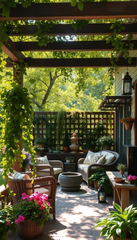 A cozy patio with lush greenery, vibrant blooms, and rustic accents. Dappled sunlight filters through a canopy of trees, casting a warm, inviting glow. Comfortable outdoor furniture, such as wicker chairs and a plush sofa, invites relaxation. Planters overflowing with trailing vines and vibrant flowers line the edges, adding pops of color. A wooden pergola or trellis frames the scene, creating a sense of enclosure and intimacy. Strategically placed lanterns or string lights heighten the summer ambiance, while a small fountain or water feature adds a soothing, tranquil element. The overall atmosphere is one of tranquility, where the boundaries between indoor and outdoor living blur, creating a harmonious and rejuvenating summer retreat. A cozy patio with lush greenery, vibrant blooms, and rustic accents. Dappled sunlight filters through a canopy of trees, casting a warm, inviting glow. Comfortable outdoor furniture, such as wicker chairs and a plush sofa, invites relaxation. Planters overflowing with trailing vines and vibrant flowers line the edges, adding pops of color. A wooden pergola or trellis frames the scene, creating a sense of enclosure and intimacy. Strategically placed lanterns or string lights heighten the summer ambiance, while a small fountain or water feature adds a soothing, tranquil element. The overall atmosphere is one of tranquility, where the boundaries between indoor and outdoor living blur, creating a harmonious and rejuvenating summer retreat.