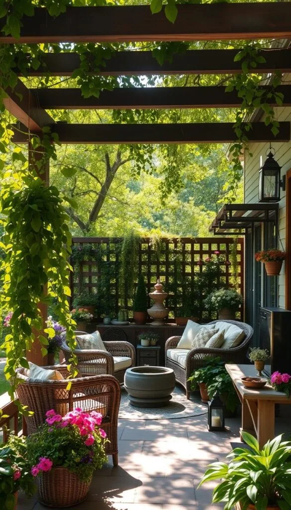 A cozy patio with lush greenery, vibrant blooms, and rustic accents. Dappled sunlight filters through a canopy of trees, casting a warm, inviting glow. Comfortable outdoor furniture, such as wicker chairs and a plush sofa, invites relaxation. Planters overflowing with trailing vines and vibrant flowers line the edges, adding pops of color. A wooden pergola or trellis frames the scene, creating a sense of enclosure and intimacy. Strategically placed lanterns or string lights heighten the summer ambiance, while a small fountain or water feature adds a soothing, tranquil element. The overall atmosphere is one of tranquility, where the boundaries between indoor and outdoor living blur, creating a harmonious and rejuvenating summer retreat. A cozy patio with lush greenery, vibrant blooms, and rustic accents. Dappled sunlight filters through a canopy of trees, casting a warm, inviting glow. Comfortable outdoor furniture, such as wicker chairs and a plush sofa, invites relaxation. Planters overflowing with trailing vines and vibrant flowers line the edges, adding pops of color. A wooden pergola or trellis frames the scene, creating a sense of enclosure and intimacy. Strategically placed lanterns or string lights heighten the summer ambiance, while a small fountain or water feature adds a soothing, tranquil element. The overall atmosphere is one of tranquility, where the boundaries between indoor and outdoor living blur, creating a harmonious and rejuvenating summer retreat.