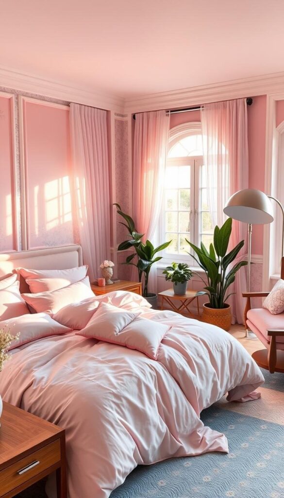 A cozy pink and blue bedroom, bathed in warm, natural light from large windows. Plush, pastel bedding and piles of soft pillows create a welcoming, feminine atmosphere. Sheer curtains flutter gently, adding a dreamy touch. On the walls, delicate floral wallpaper or painted panels in shades of pink and blue. Tasteful, modern furniture in wood tones and polished chrome accents. Lush potted plants and a stylish, oversized floor lamp in the corner. The overall vibe is serene, elegant, and perfectly balanced between the two complementary color palettes.