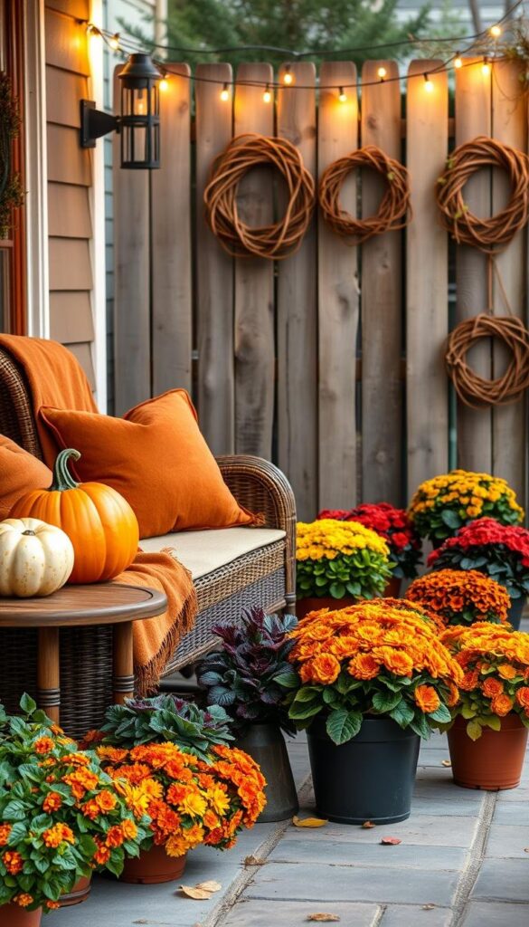 A cozy porch accented with autumn's warm palette. In the foreground, a wicker loveseat draped in a plush, rust-colored throw and matching pillows. Beside it, a wooden side table displaying a large ceramic pumpkin and a bouquet of vibrant marigolds. In the middle ground, potted mums and ornamental kale line the steps, their jewel-toned foliage glowing under a soft, ambient light. In the background, a weathered wooden fence frames the scene, adorned with twisted grapevine wreaths and twinkling string lights. The overall atmosphere evokes a sense of rustic elegance and seasonal charm. A cozy porch accented with autumn's warm palette. In the foreground, a wicker loveseat draped in a plush, rust-colored throw and matching pillows. Beside it, a wooden side table displaying a large ceramic pumpkin and a bouquet of vibrant marigolds. In the middle ground, potted mums and ornamental kale line the steps, their jewel-toned foliage glowing under a soft, ambient light. In the background, a weathered wooden fence frames the scene, adorned with twisted grapevine wreaths and twinkling string lights. The overall atmosphere evokes a sense of rustic elegance and seasonal charm.