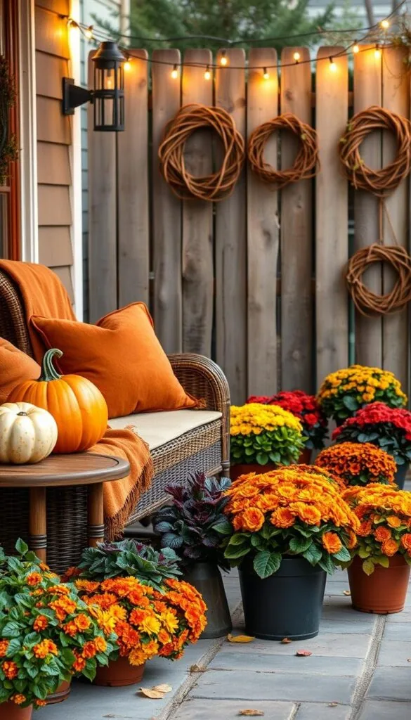 A cozy porch accented with autumn's warm palette. In the foreground, a wicker loveseat draped in a plush, rust-colored throw and matching pillows. Beside it, a wooden side table displaying a large ceramic pumpkin and a bouquet of vibrant marigolds. In the middle ground, potted mums and ornamental kale line the steps, their jewel-toned foliage glowing under a soft, ambient light. In the background, a weathered wooden fence frames the scene, adorned with twisted grapevine wreaths and twinkling string lights. The overall atmosphere evokes a sense of rustic elegance and seasonal charm. A cozy porch accented with autumn's warm palette. In the foreground, a wicker loveseat draped in a plush, rust-colored throw and matching pillows. Beside it, a wooden side table displaying a large ceramic pumpkin and a bouquet of vibrant marigolds. In the middle ground, potted mums and ornamental kale line the steps, their jewel-toned foliage glowing under a soft, ambient light. In the background, a weathered wooden fence frames the scene, adorned with twisted grapevine wreaths and twinkling string lights. The overall atmosphere evokes a sense of rustic elegance and seasonal charm.