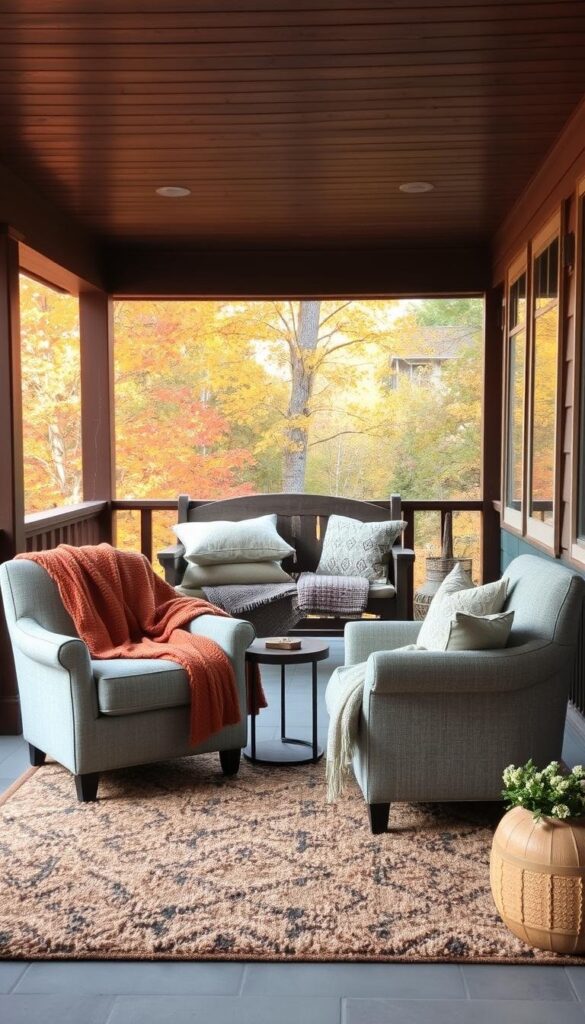 A cozy porch on an autumn afternoon, filled with warm, inviting textiles. In the foreground, a plush area rug in earthy tones anchors a pair of overstuffed armchairs, their cushions covered in a soft, patterned fabric. Draped across the chairs, thick knit throws in muted shades of orange and gray. In the middle ground, a rustic wooden bench is layered with piles of fleece pillows and a woven blanket. The porch's wooden beams and railings are illuminated by the soft, golden light filtering through the surrounding trees. In the background, the changing foliage creates a picturesque natural backdrop, hinting at the arrival of the fall season. The overall scene evokes a sense of comfort, relaxation, and the coziness of the season. A cozy porch on an autumn afternoon, filled with warm, inviting textiles. In the foreground, a plush area rug in earthy tones anchors a pair of overstuffed armchairs, their cushions covered in a soft, patterned fabric. Draped across the chairs, thick knit throws in muted shades of orange and gray. In the middle ground, a rustic wooden bench is layered with piles of fleece pillows and a woven blanket. The porch's wooden beams and railings are illuminated by the soft, golden light filtering through the surrounding trees. In the background, the changing foliage creates a picturesque natural backdrop, hinting at the arrival of the fall season. The overall scene evokes a sense of comfort, relaxation, and the coziness of the season.