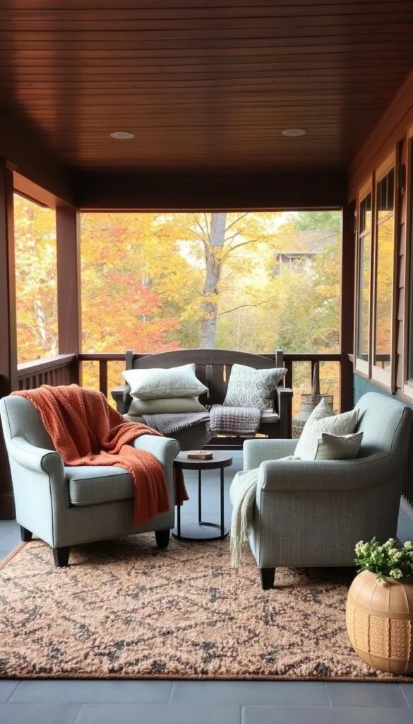 A cozy porch on an autumn afternoon, filled with warm, inviting textiles. In the foreground, a plush area rug in earthy tones anchors a pair of overstuffed armchairs, their cushions covered in a soft, patterned fabric. Draped across the chairs, thick knit throws in muted shades of orange and gray. In the middle ground, a rustic wooden bench is layered with piles of fleece pillows and a woven blanket. The porch's wooden beams and railings are illuminated by the soft, golden light filtering through the surrounding trees. In the background, the changing foliage creates a picturesque natural backdrop, hinting at the arrival of the fall season. The overall scene evokes a sense of comfort, relaxation, and the coziness of the season. A cozy porch on an autumn afternoon, filled with warm, inviting textiles. In the foreground, a plush area rug in earthy tones anchors a pair of overstuffed armchairs, their cushions covered in a soft, patterned fabric. Draped across the chairs, thick knit throws in muted shades of orange and gray. In the middle ground, a rustic wooden bench is layered with piles of fleece pillows and a woven blanket. The porch's wooden beams and railings are illuminated by the soft, golden light filtering through the surrounding trees. In the background, the changing foliage creates a picturesque natural backdrop, hinting at the arrival of the fall season. The overall scene evokes a sense of comfort, relaxation, and the coziness of the season.