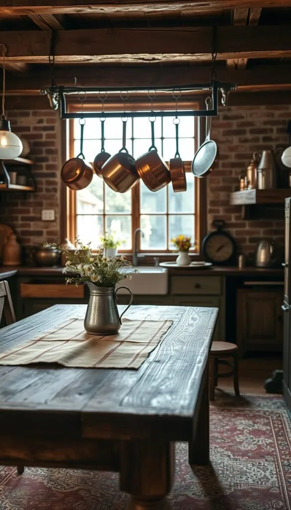 A cozy rustic kitchen with vintage accents and natural textures. The foreground features an old farmhouse-style wooden table adorned with a burlap runner, a weathered metal pitcher, and a mason jar filled with wildflowers. In the middle ground, antique copper pots and pans hang from a rustic wall-mounted rack, casting warm, soft lighting. The background showcases exposed wooden beams, brick walls, and a vintage-inspired rug, creating a charming, lived-in ambiance. Diffused, natural sunlight filters through a large window, accentuating the room's rustic, timeless appeal. A cozy rustic kitchen with vintage accents and natural textures. The foreground features an old farmhouse-style wooden table adorned with a burlap runner, a weathered metal pitcher, and a mason jar filled with wildflowers. In the middle ground, antique copper pots and pans hang from a rustic wall-mounted rack, casting warm, soft lighting. The background showcases exposed wooden beams, brick walls, and a vintage-inspired rug, creating a charming, lived-in ambiance. Diffused, natural sunlight filters through a large window, accentuating the room's rustic, timeless appeal.