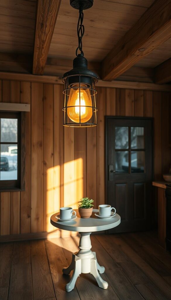 A cozy rustic winter kitchen, bathed in the warm glow of a vintage hanging light fixture. The fixture's weathered metal frame and amber glass shade cast a gentle, inviting light over the wood-paneled walls and exposed ceiling beams. A small round table in the center of the room is set with simple white plates and mugs, perfect for an intimate gathering. The light spills softly onto the worn wooden floor, creating a welcoming atmosphere that evokes the charm of a countryside cabin. A small potted plant on the table adds a touch of natural greenery, complementing the overall rustic aesthetic. A cozy rustic winter kitchen, bathed in the warm glow of a vintage hanging light fixture. The fixture's weathered metal frame and amber glass shade cast a gentle, inviting light over the wood-paneled walls and exposed ceiling beams. A small round table in the center of the room is set with simple white plates and mugs, perfect for an intimate gathering. The light spills softly onto the worn wooden floor, creating a welcoming atmosphere that evokes the charm of a countryside cabin. A small potted plant on the table adds a touch of natural greenery, complementing the overall rustic aesthetic.