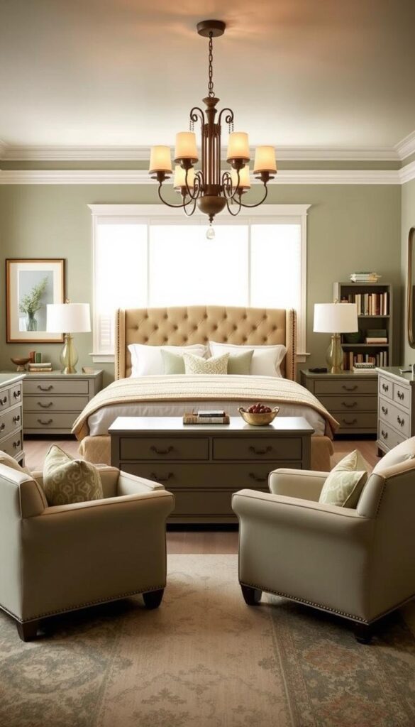 A cozy sage green bedroom showcasing a harmonious furniture arrangement. The focal point is a plush king-sized bed with a tufted headboard, flanked by matching side tables with sleek lamps. In the foreground, a dresser and armchair in complementary shades create a cohesive look. The middle ground features a window seat with decorative pillows, while the background includes a bookshelf and a discreet full-length mirror. Warm, diffused lighting from a central chandelier casts a serene ambiance throughout the space. The overall mood is one of tranquility and relaxation, with a careful balance of textures and tones that accentuate the soothing sage green palette. A cozy sage green bedroom showcasing a harmonious furniture arrangement. The focal point is a plush king-sized bed with a tufted headboard, flanked by matching side tables with sleek lamps. In the foreground, a dresser and armchair in complementary shades create a cohesive look. The middle ground features a window seat with decorative pillows, while the background includes a bookshelf and a discreet full-length mirror. Warm, diffused lighting from a central chandelier casts a serene ambiance throughout the space. The overall mood is one of tranquility and relaxation, with a careful balance of textures and tones that accentuate the soothing sage green palette.