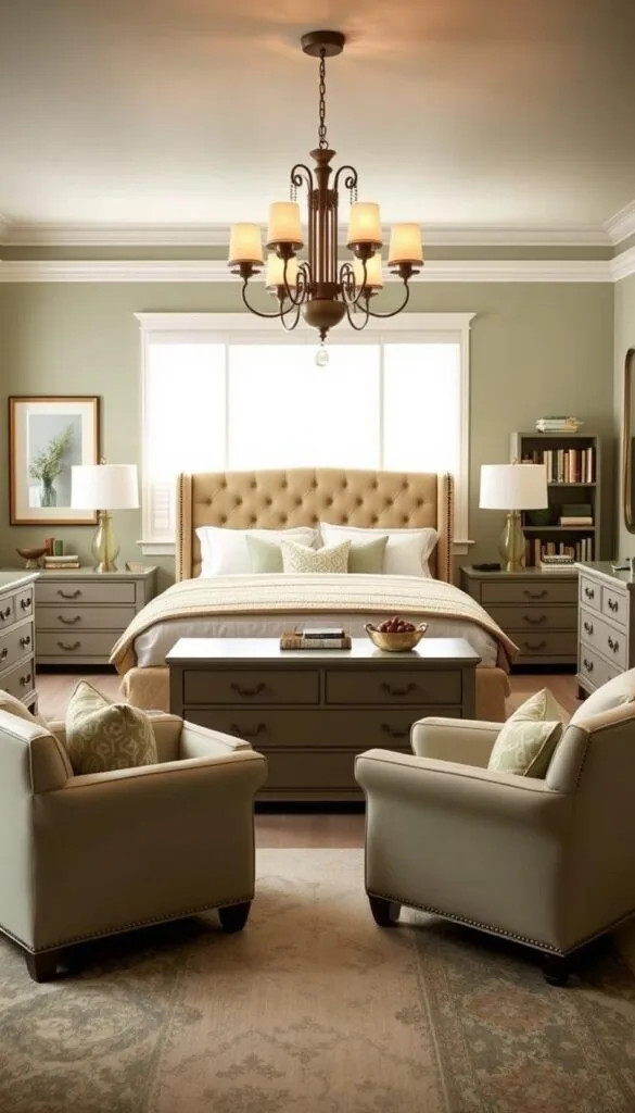 A cozy sage green bedroom showcasing a harmonious furniture arrangement. The focal point is a plush king-sized bed with a tufted headboard, flanked by matching side tables with sleek lamps. In the foreground, a dresser and armchair in complementary shades create a cohesive look. The middle ground features a window seat with decorative pillows, while the background includes a bookshelf and a discreet full-length mirror. Warm, diffused lighting from a central chandelier casts a serene ambiance throughout the space. The overall mood is one of tranquility and relaxation, with a careful balance of textures and tones that accentuate the soothing sage green palette. A cozy sage green bedroom showcasing a harmonious furniture arrangement. The focal point is a plush king-sized bed with a tufted headboard, flanked by matching side tables with sleek lamps. In the foreground, a dresser and armchair in complementary shades create a cohesive look. The middle ground features a window seat with decorative pillows, while the background includes a bookshelf and a discreet full-length mirror. Warm, diffused lighting from a central chandelier casts a serene ambiance throughout the space. The overall mood is one of tranquility and relaxation, with a careful balance of textures and tones that accentuate the soothing sage green palette.