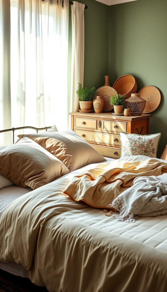A cozy sage green bedroom, sunlight filtering through sheer curtains, illuminating a plush bedspread, luxurious velvet pillows, and a delicate floral patterned throw blanket. Soft textures and natural hues create a serene, calming atmosphere. A vintage wooden dresser stands in the background, adorned with potted plants and woven baskets. Intricate embroidered accent pillows and a hand-knotted rug complete the tranquil, earthy scene. An intimate, inviting space that evokes a sense of peace and relaxation. A cozy sage green bedroom, sunlight filtering through sheer curtains, illuminating a plush bedspread, luxurious velvet pillows, and a delicate floral patterned throw blanket. Soft textures and natural hues create a serene, calming atmosphere. A vintage wooden dresser stands in the background, adorned with potted plants and woven baskets. Intricate embroidered accent pillows and a hand-knotted rug complete the tranquil, earthy scene. An intimate, inviting space that evokes a sense of peace and relaxation.