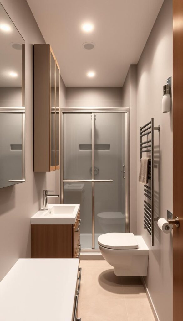 A cozy small bathroom interior with a focus on space-saving fixtures. In the foreground, a sleek wall-mounted vanity with minimalist drawers and a compact sink. Above it, a recessed medicine cabinet with mirrored doors, maximizing storage without encroaching on floor space. In the middle, a corner shower enclosure with a sliding glass door, its clean lines and transparent panels creating an illusion of openness. The background features a floating toilet and a slim towel rack mounted on the wall, strategically placed to optimize the limited square footage. Warm, diffused lighting from recessed ceiling fixtures and sconces creates a calming, spa-like ambiance, while the color palette of soft grays and whites enhances the sense of openness. The overall design seamlessly blends functionality and aesthetic appeal, making the most of a small bathroom's potential. A cozy small bathroom interior with a focus on space-saving fixtures. In the foreground, a sleek wall-mounted vanity with minimalist drawers and a compact sink. Above it, a recessed medicine cabinet with mirrored doors, maximizing storage without encroaching on floor space. In the middle, a corner shower enclosure with a sliding glass door, its clean lines and transparent panels creating an illusion of openness. The background features a floating toilet and a slim towel rack mounted on the wall, strategically placed to optimize the limited square footage. Warm, diffused lighting from recessed ceiling fixtures and sconces creates a calming, spa-like ambiance, while the color palette of soft grays and whites enhances the sense of openness. The overall design seamlessly blends functionality and aesthetic appeal, making the most of a small bathroom's potential.