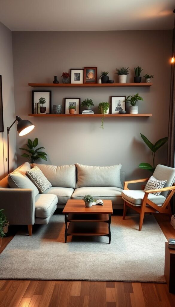 A cozy small living room with a creative, asymmetrical furniture arrangement. A plush, L-shaped sofa nestled in the corner, angled to face a low, minimalist coffee table. A mid-century modern armchair placed at an offset angle, creating visual interest. Sleek, floating wall shelves display eclectic decor and potted plants, adding pops of greenery. Warm, indirect lighting from a floor lamp and wall sconces casts a soft, inviting glow. The layout is balanced yet unconventional, maximizing the limited space with a stylish, thoughtful design. A cozy small living room with a creative, asymmetrical furniture arrangement. A plush, L-shaped sofa nestled in the corner, angled to face a low, minimalist coffee table. A mid-century modern armchair placed at an offset angle, creating visual interest. Sleek, floating wall shelves display eclectic decor and potted plants, adding pops of greenery. Warm, indirect lighting from a floor lamp and wall sconces casts a soft, inviting glow. The layout is balanced yet unconventional, maximizing the limited space with a stylish, thoughtful design.