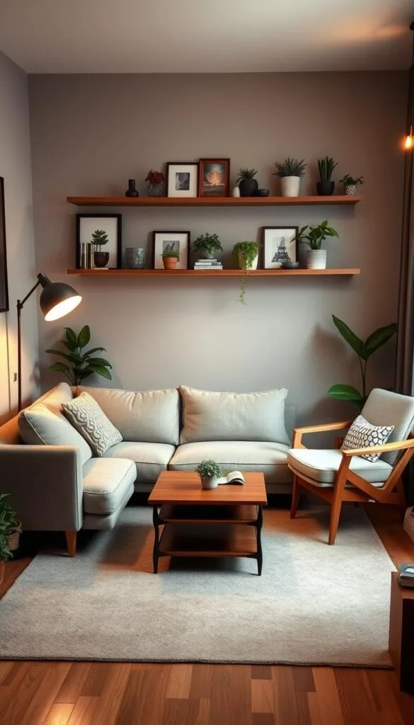 A cozy small living room with a creative, asymmetrical furniture arrangement. A plush, L-shaped sofa nestled in the corner, angled to face a low, minimalist coffee table. A mid-century modern armchair placed at an offset angle, creating visual interest. Sleek, floating wall shelves display eclectic decor and potted plants, adding pops of greenery. Warm, indirect lighting from a floor lamp and wall sconces casts a soft, inviting glow. The layout is balanced yet unconventional, maximizing the limited space with a stylish, thoughtful design.