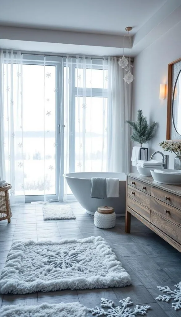 A cozy, snow-inspired bathroom adorned with frosty accents. The foreground features a plush, white bathmat and a set of pristine white towels folded neatly on a rustic wooden vanity. The middle ground showcases a large, freestanding bathtub surrounded by delicate snowflake-patterned curtains that gently sway in a soft, ambient light. In the background, a large window reveals a serene, snow-covered landscape, casting a cool, natural glow throughout the space. Subtle touches of silver, gray, and icy blue create a harmonious, wintery atmosphere, evoking a sense of tranquility and comfort on a chilly winter morning.