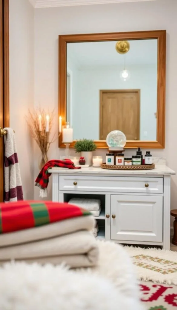 A cozy, spa-like bathroom scene with holiday-themed accessories. In the foreground, a plush bath mat in a festive red and green pattern, alongside a matching set of towels neatly folded. In the middle ground, a white ceramic vanity with a marble countertop, topped with an assortment of holiday-scented candles, a snow globe, and a decorative tray holding a variety of bath salts and oils. The background features a large mirror framed in warm, wooden tones, reflecting the soft, ambient lighting from a brass wall sconce. The overall atmosphere is serene, inviting, and evocative of a luxurious winter retreat.