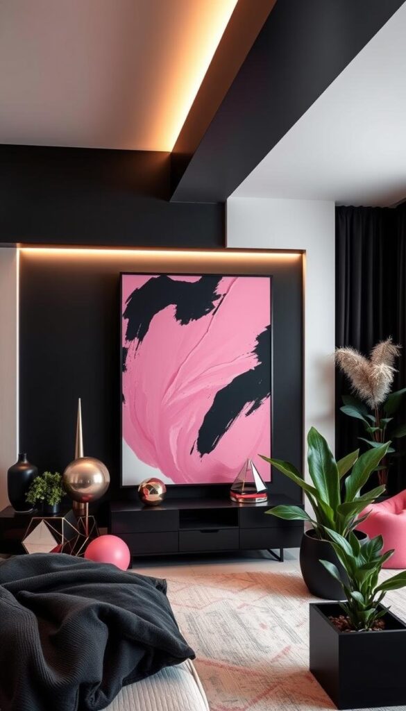 A cozy, stylish black and pink bedroom wall decor. The main focal point is a large, abstract pink and black painting with flowing, expressive brushstrokes, mounted on a black accent wall. Surrounding the painting are meticulously arranged pink and black decorative elements - geometric shapes, metallic accents, and lush plants in sleek black planters. Soft, indirect lighting creates a warm, inviting ambiance, highlighting the textures and colors. The overall mood is modern, sophisticated, and visually striking, perfectly complementing the black and pink color scheme.